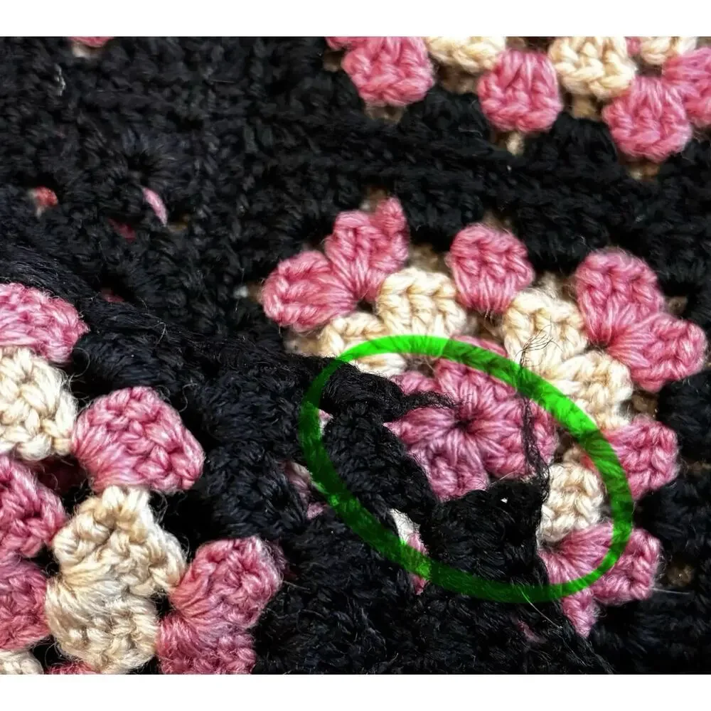 Vintage Handmade Granny Square Throw Pink Black Rose Floral Cottagecore 34x60